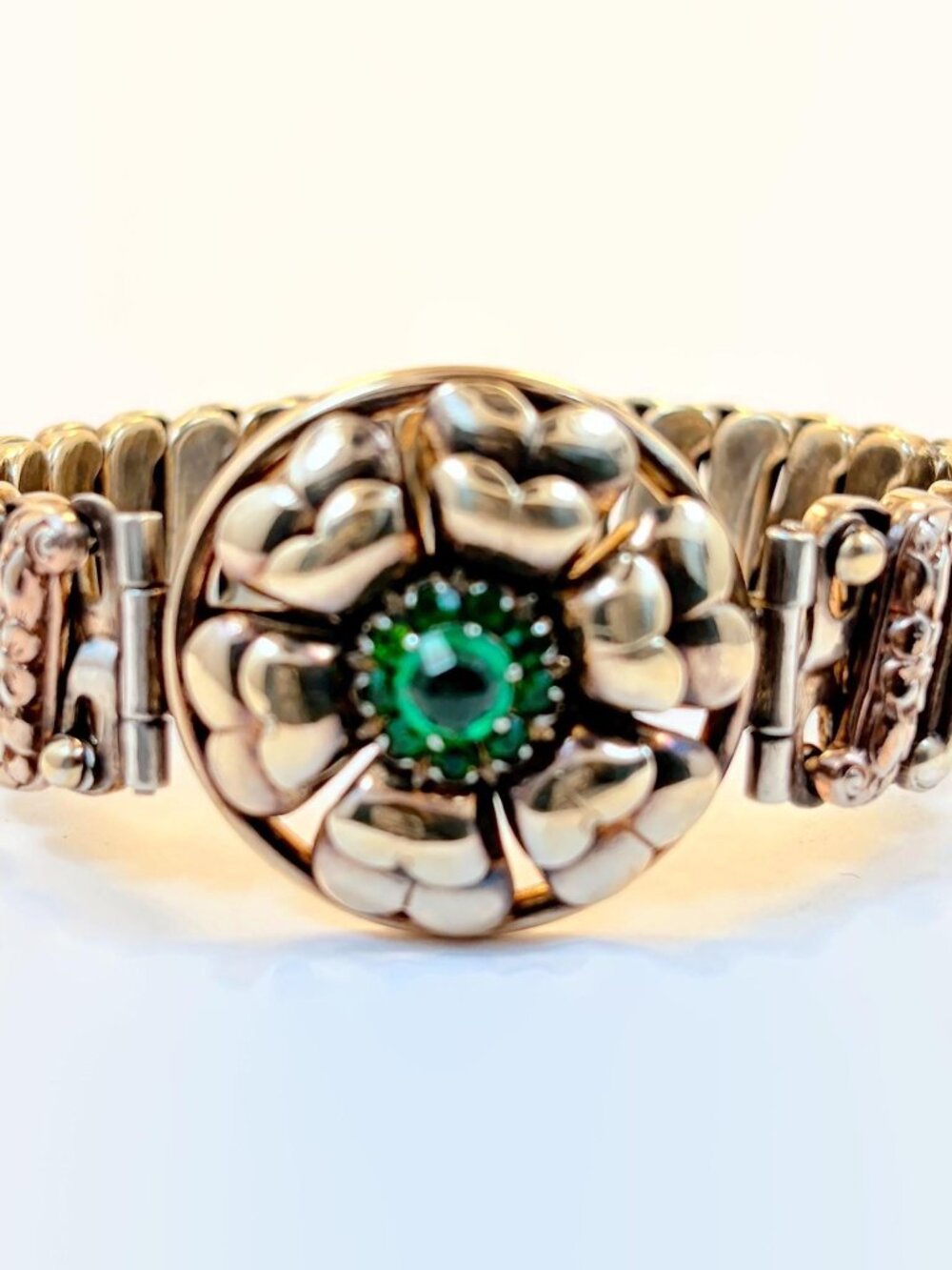 Sweetheart Bracelet, Expansion, GF, Sterling, Lustern, Flower, Green Rhinestone